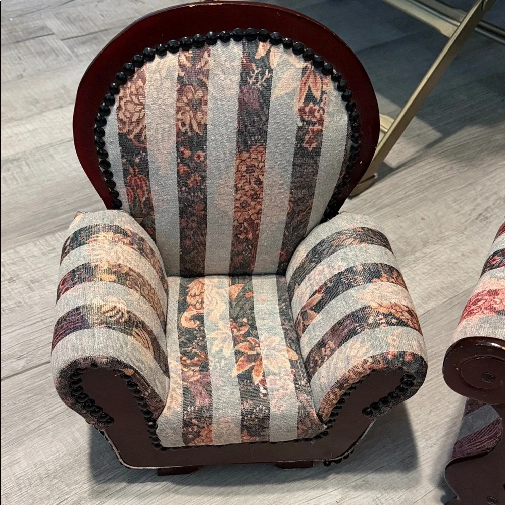 Vintage Floral Stripe Upholstered Mini Loveseat - Blue and Pink doll house set